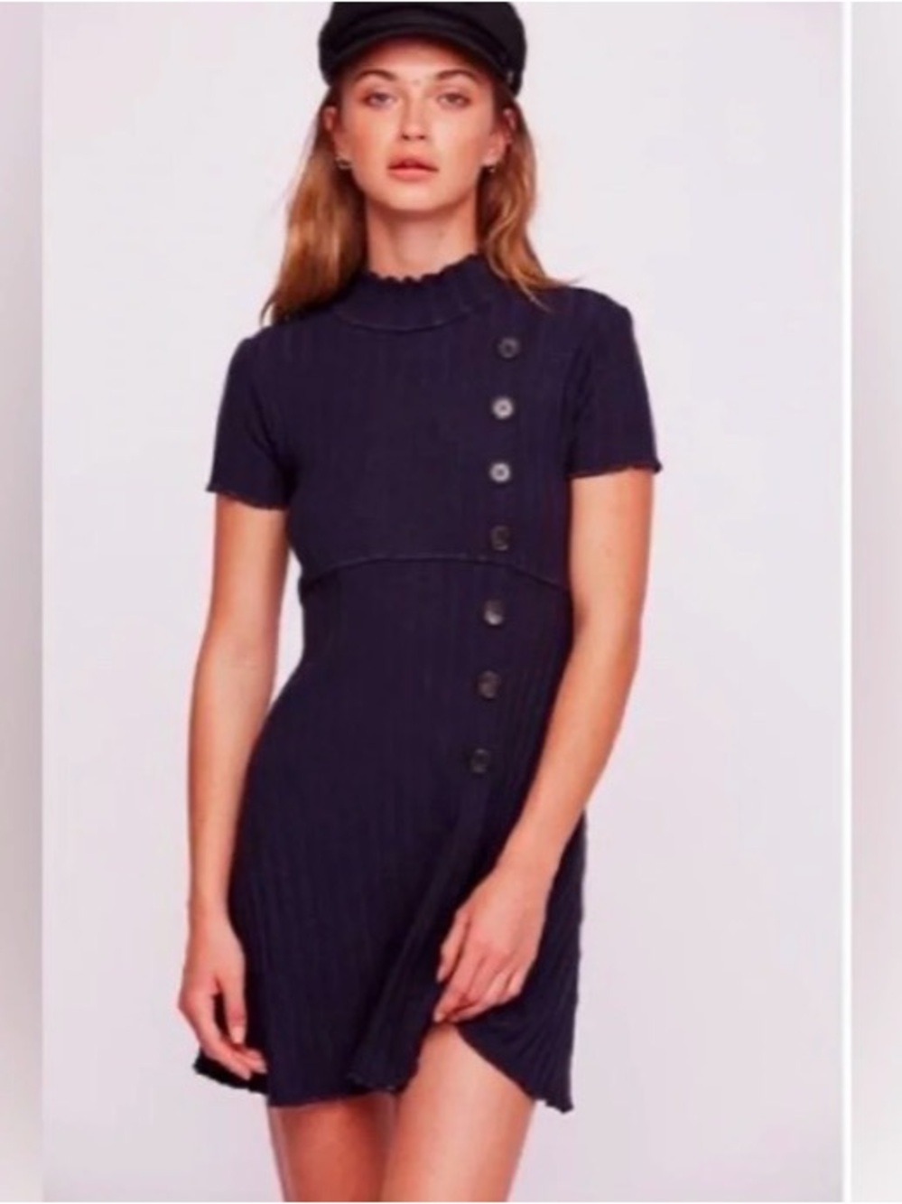 Free People Lottie Rib Dress Mock Neck Buttons Navy Small